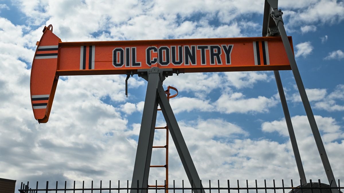 EDMONTON, CANADA, MAY 24:
Close-up of a replica oil with words 'oil Country' well painted in Edmonton Oilers colors, displayed outdoors in Edmonton, Alberta, Canada, on May 24, 2025. (Photo by Artur Widak/NurPhoto via Getty Images)