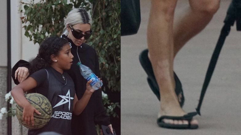 Kim Kardashian obnaża PRZEBARWIENIA NA NOGACH, odbierając dzieci z koszykówki (ZDJĘCIA)