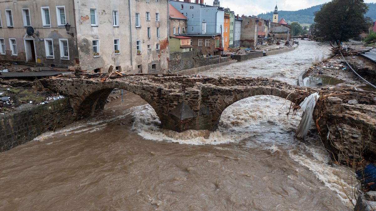 Ladek Zdroj after a flood wave had crossed the river Biala Ladecka. In the picture, you can see the destroyed 16th century bridge of St. John of Nepomuk, one of the town's symbols, in Ladek Zdroj , Poland on September 16, 2024.

 (Photo by Andrzej Iwanczuk/NurPhoto via Getty Images)