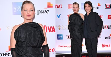 Orły 2025. Joanna Kulig w sukni z gigantycznym zdobieniem na dekolcie ustawia się do zdjęć u boku męża