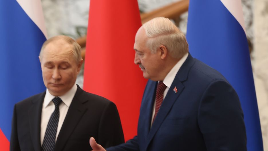 MINSK, BELARUS - MAY 24 (RUSSIA OUT) Russian President Vladimir Putin (L) and Belarusian President Alexander Lukashenko (R) pose for a joint photo during their meeting at the Palace of Independence on May 24, 2024 in Minsk, Belarus. Vladimir Putin is having a two-day visit to Belarus. (Photo by Contributor/Getty Images)