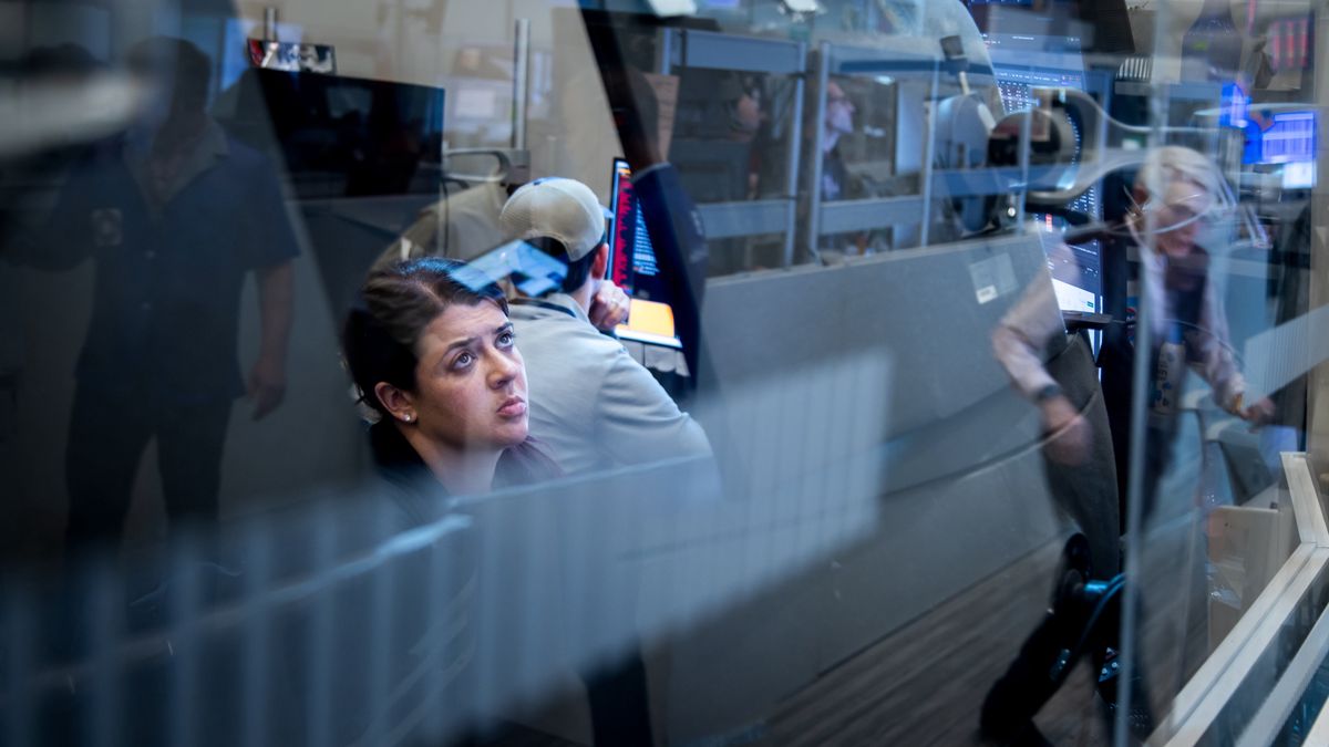 Traders work on the floor of the American Stock Exchange (AMEX) at the New York Stock Exchange (NYSE) in New York, US, on Thursday, April 10, 2025. Risk appetites vanished on Wall Street after the biggest burst of buying in years, with stocks falling even after subdued inflation data extended a bounce in Treasuries. Photographer: Michael Nagle/Bloomberg via Getty Images