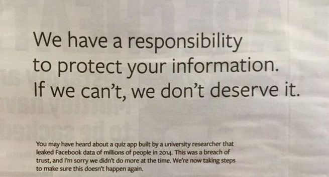 W prasowych reklamach Facebook przeprasza za aferę z Cambridge Analytica. „To było nadużycie zaufania”