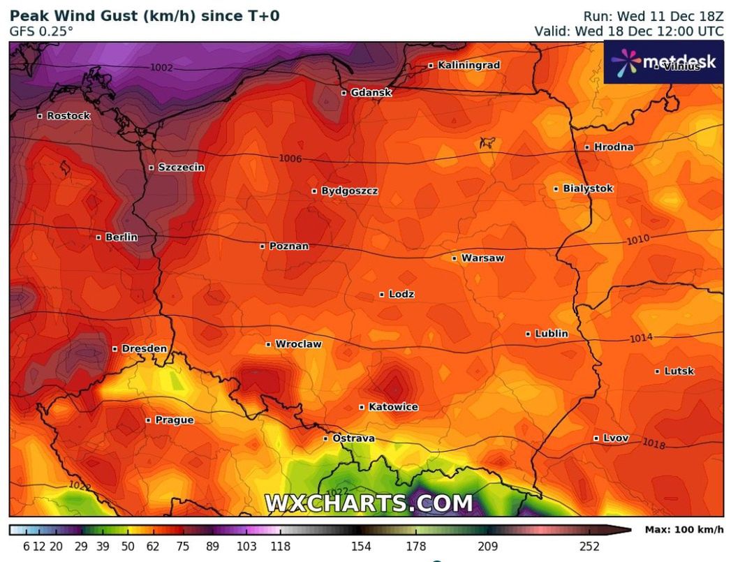 Prędkość wiatru w porywach w środę - 18 grudnia