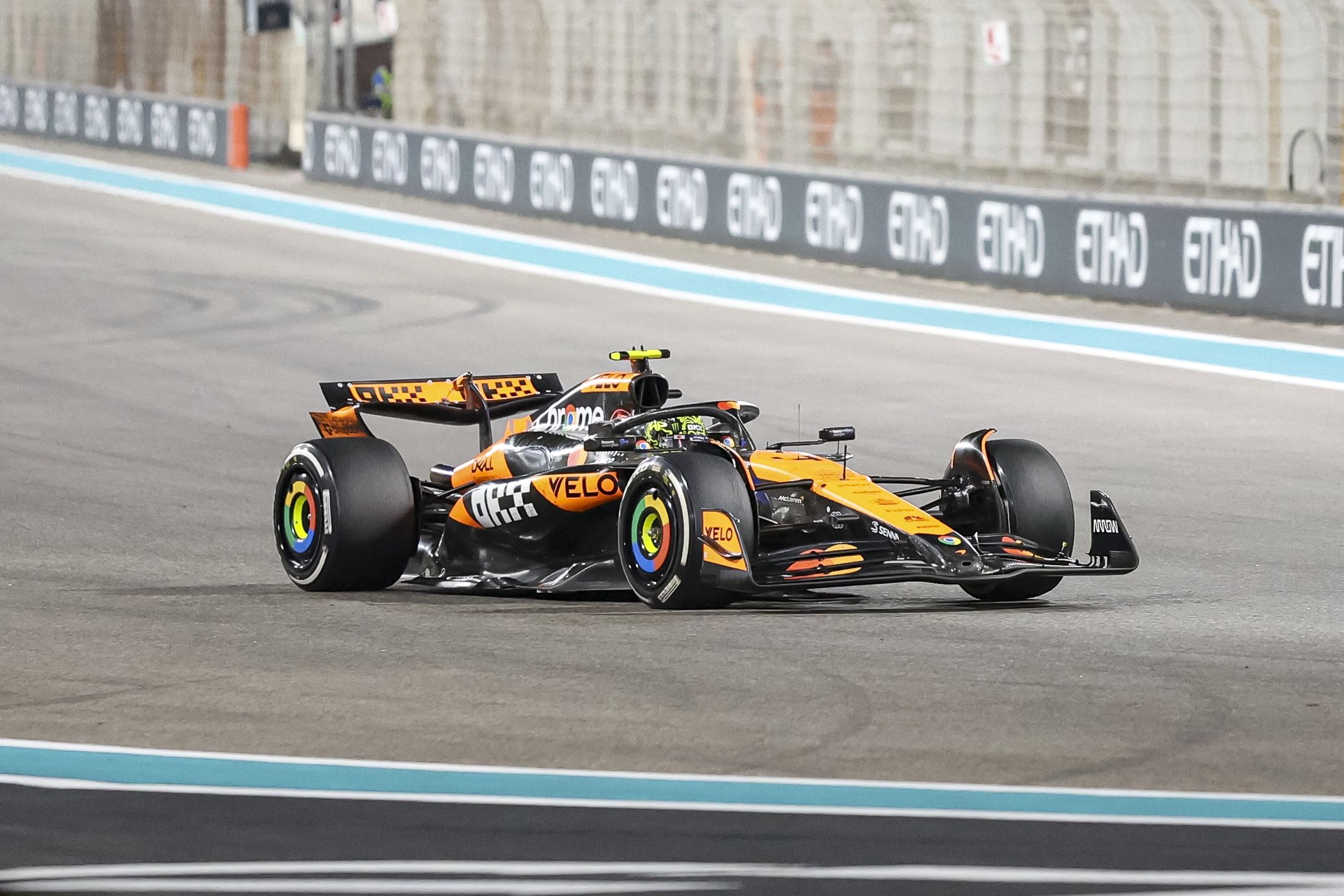 Lando Norris of Great Britain driver of McLaren Formula One Team in action with the MCL38 F1 race car number 4, on track during F1 Grand Prix of Abu Dhabi at Yas Marina Circuit, Abu Dhabi, United Arab Emirates on December 8, 2024 (Photo by Nicolas Economou/NurPhoto via Getty Images)