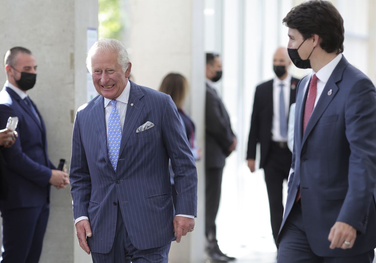 OTTAWA, CANADA - MAY 18: Prince Charles, Prince of Wales, the Prime Minister of Canada, Justin Trudeau and the Honourable Steven Guilbeault, the Minister of Environment and Climate Change, meet at the John G. Diefenbaker Building after of a round-table discussion led by Environment and Climate Change Canada with approximately 40 representatives from a variety of policy and business backgrounds from across Canada by on day two of the Platinum Jubilee Royal Tour of Canada on May 18, 2022 in Ottawa, Canada. The Prince of Wales and Duchess of Cornwall are visiting for three days from 17th to 19th May 2022. The tour forms part of Queen Elizabeth II's Platinum Jubilee celebrations. (Photo by Chris Jackson/Getty Images)