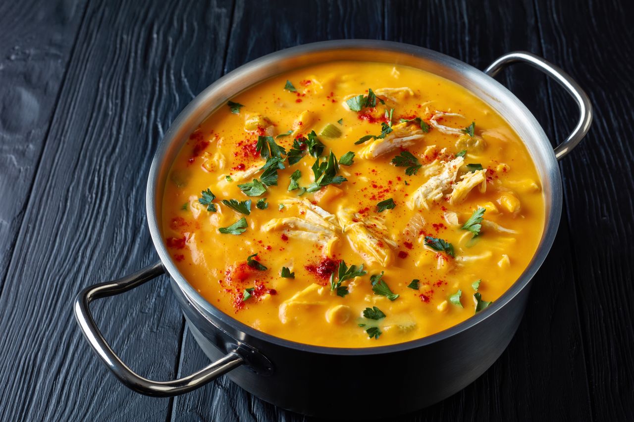 Pumpkin soup with aromatic spices and chicken