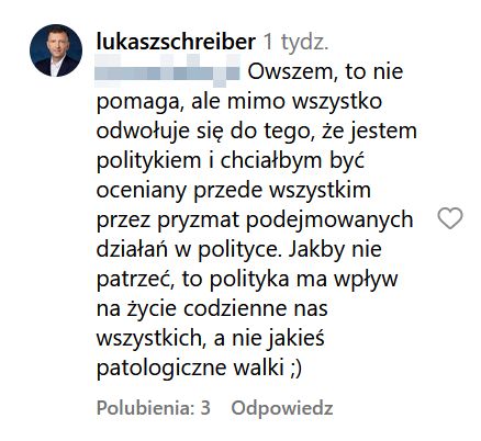 Łukasz Schreiber ocenia działalność żony  i uderza we freak fighty