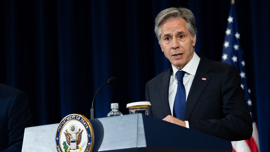 WASHINGTON DC, UNITED STATES - APRIL 09:Secretary of State Antony Blinken speaks during a press conference with U.K. Foreign Minister David Cameron following a meeting at the State Department in Washington, DC on April 9, 2024. (Photo by Nathan Posner/Anadolu via Getty Images)
