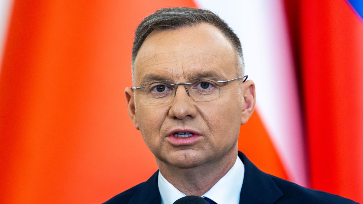 Polish President Andrzej Duda is making a statement at a joint press conference with Slovak President Zuzana Caputova in Warsaw, Poland, on April 16, 2024. (Photo by Andrzej Iwanczuk/NurPhoto via Getty Images)