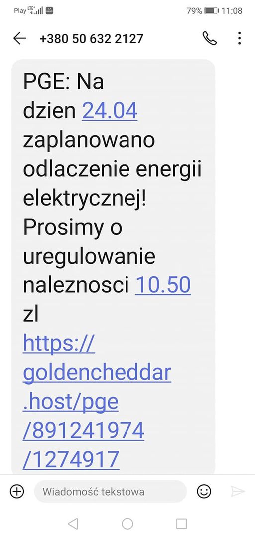 Przykładowy, fałszywy SMS.