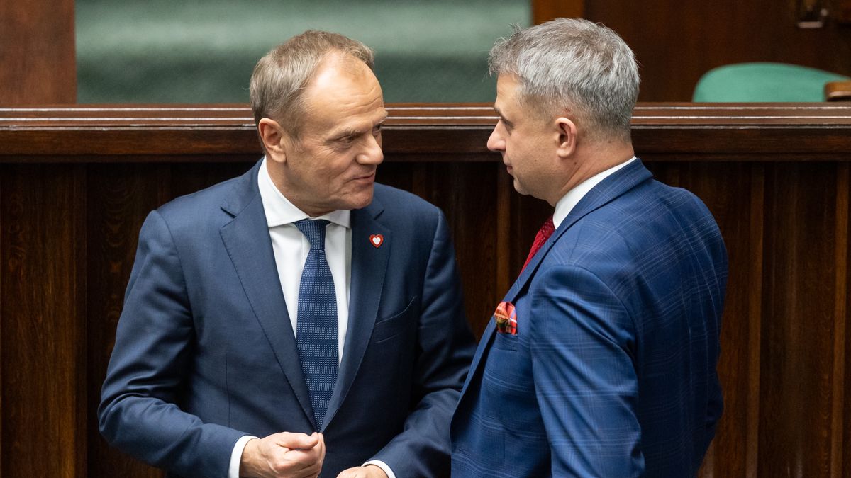 Donald Tusk and Krzysztof Gawkowski are participating in the parliamentary debate on the appointment of Donald Tusk's government in Warsaw, Poland, on December 12, 2023. (Photo by Foto Olimpik/NurPhoto via Getty Images)