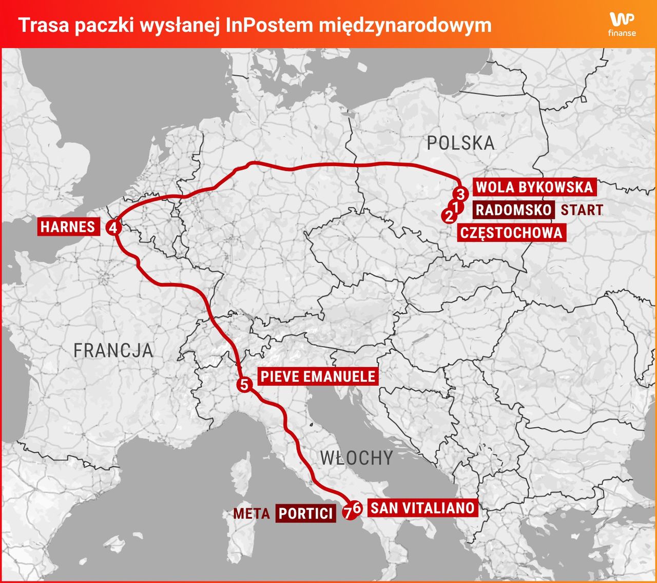 Trasa paczki wysłanej z Radomska do Portici