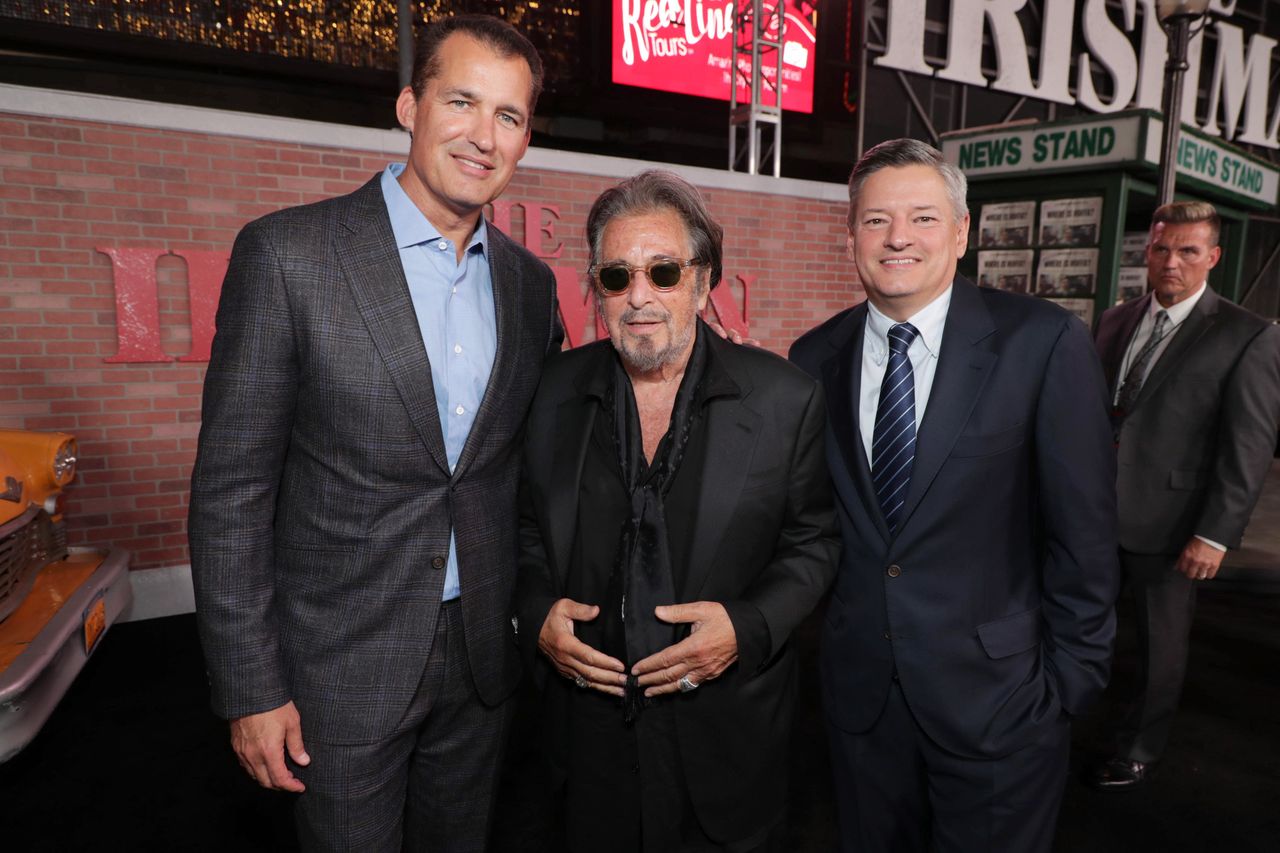 Scott Stuber, Head of Original Films, Netflix, Al Pacino, Ted Sarandos, Chief Content Officer, Netflix, 
 seen at Netflix THE IRISHMAN Los Angeles premiere at TCL Chinese Theatre, Los Angeles, CA, USA - 24 October 2019 (Photo by Eric Charbonneau/Getty Images for Netflix)