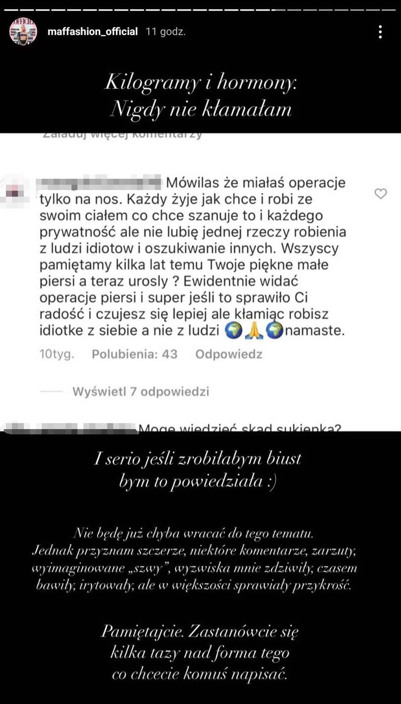 Maffashion odpiera zarzuty o powiększenie biustu i apeluje o empatię