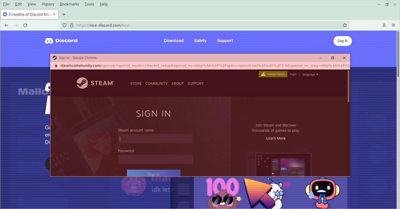 Przykład ataku BITB. Fałszywa strona Steam i "nowe okno"