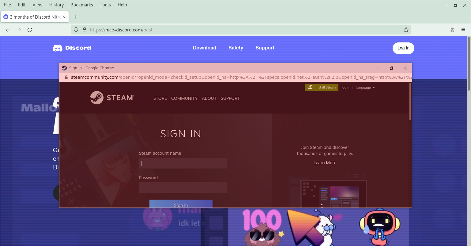 Przykład ataku BITB. Fałszywa strona Steam i "nowe okno"
