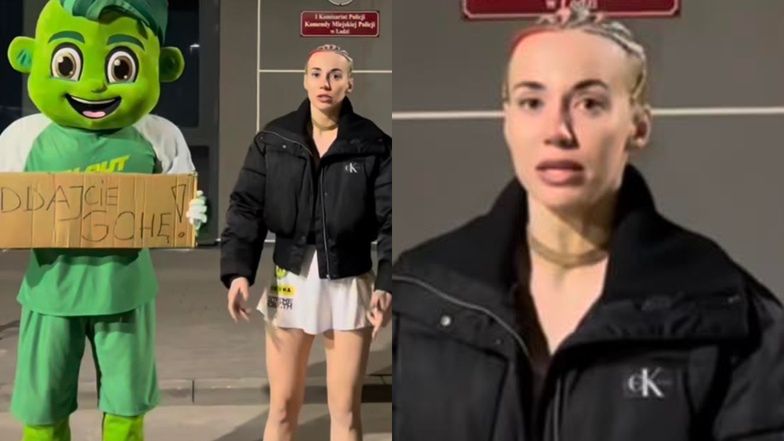 Marianna Schreiber nadaje sprzed komisariatu policji w Łodzi