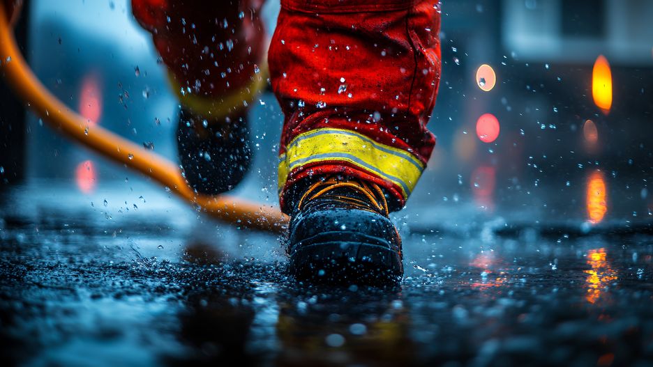 firefighter, fire, hose, emergency, response, rainy, weather, water, coiling, firefighting, safety, gear, boots, rain, splash, training, rescue, teamwork, equipment, urgency, rainfall, outdoor, hazard, preparedness, physical, labor, action, public, first, responder, storm, night, visibility, maintenance, professionalism, efficiency, operation, command, exercises, quick, dedication, skills, challenges, motion, droplets, activity, department, intensity, city