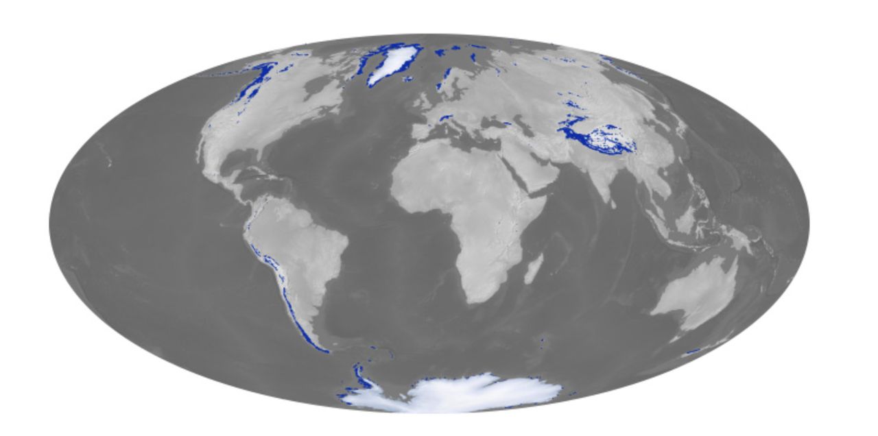 Randolph Glacier Inventory to zestawienie wszystkich lodowców na świecie. Jest to pierwszy globalny katalog lodowców, który został opracowany, aby pomóc naukowcom IPCC poprawić szacunki wzrostu poziomu mórz. Źródło: Earth Observatory NASA