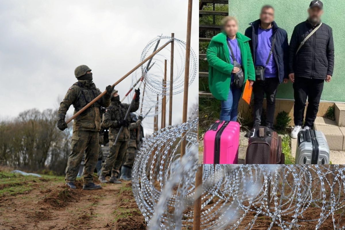 Budowa zapory przy granicy z Rosją w woj. warmińsko-mazurskim. Na mniejszym zdjęciu migranci, do których zatrzymania przyznaje się rosyjska służba FSB