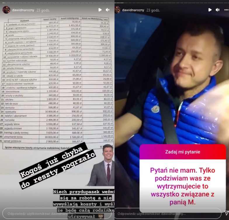 Dawid Narożny narzeka na listę wydatków córki i uderza w Magdę i jej partnera