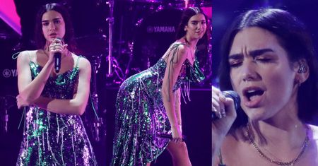 Świąteczna Dua Lipa występuje w sukience przypominającej choinkę