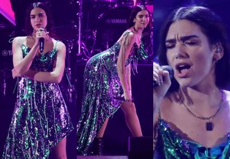 Świąteczna Dua Lipa występuje w sukience przypominającej choinkę