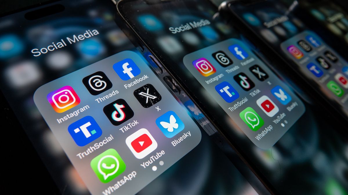 BATH, UNITED KINGDOM - FEBRUARY 09: In this photo illustration, iPhone screens display various social media apps on the screens on February 9, 2025 in Bath, England. On top row left to right, the logo of social media platform Instagram is seen beside that of Meta’s Threads and Facebook. On the middle row from left is the logo of Donald Trump's Truth Social app, next to the logo of social media app TikTok and the logo of Elon Musk’s US online social media and social networking site 'X' (formerly known as Twitter). Along the bottom row, left to right is the messaging service WhatsApp, the logo for online video sharing and social media platform YouTube and the logo for the Bluesky app. Recently the Australian Senate passed a law to ban children under 16 from having social media accounts and social media platforms, including TikTok, Facebook, Snapchat, Reddit, X, formerly Twitter, and Instagram potentially being be fined for preventing children younger than 16 from having social media accounts. (Photo by Anna Barclay/Getty Images)