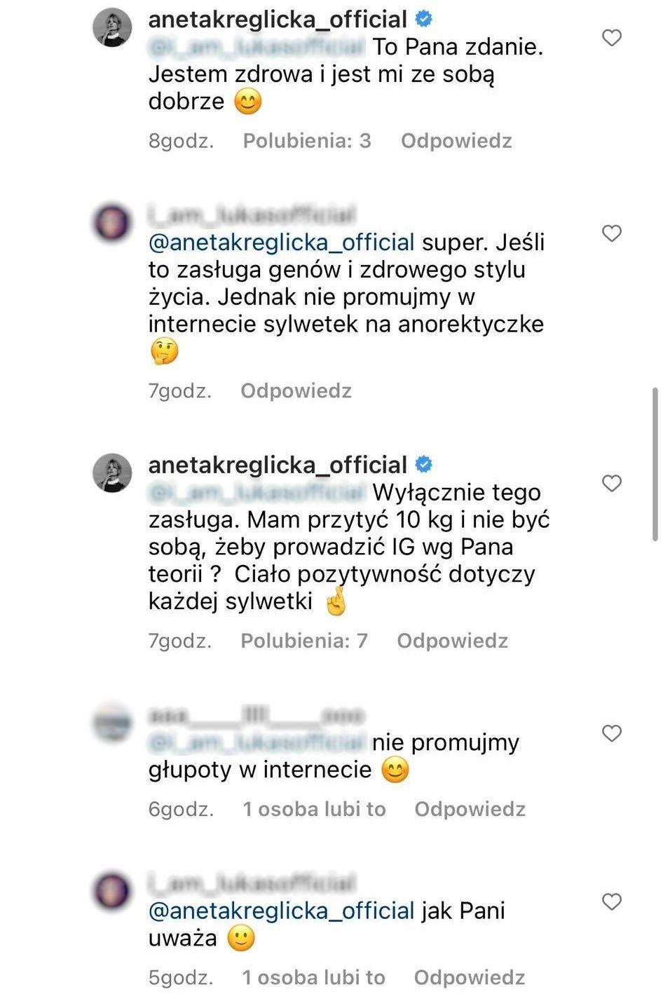 Aneta Kręglicka dyskutuje z wytykającym jej zbyt szczupłą sylwetkę internautą
