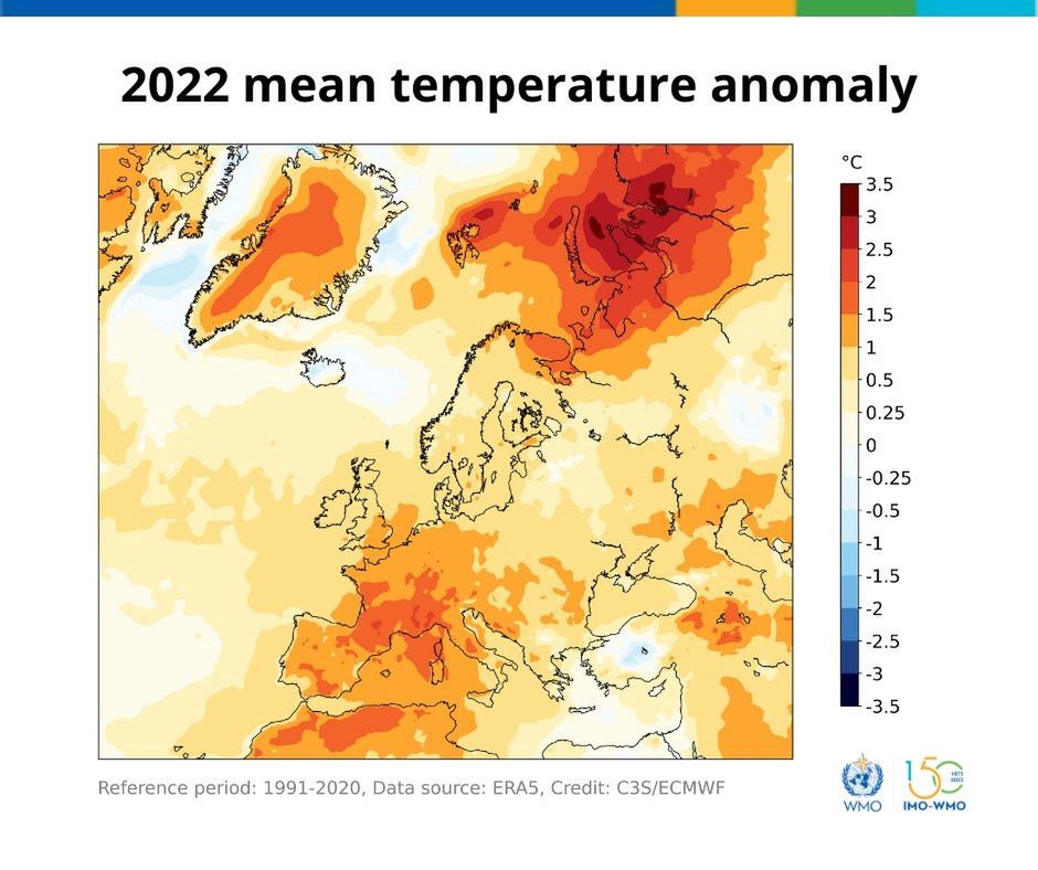 Anomalie średniej temperatury w 2022 roku w Europie