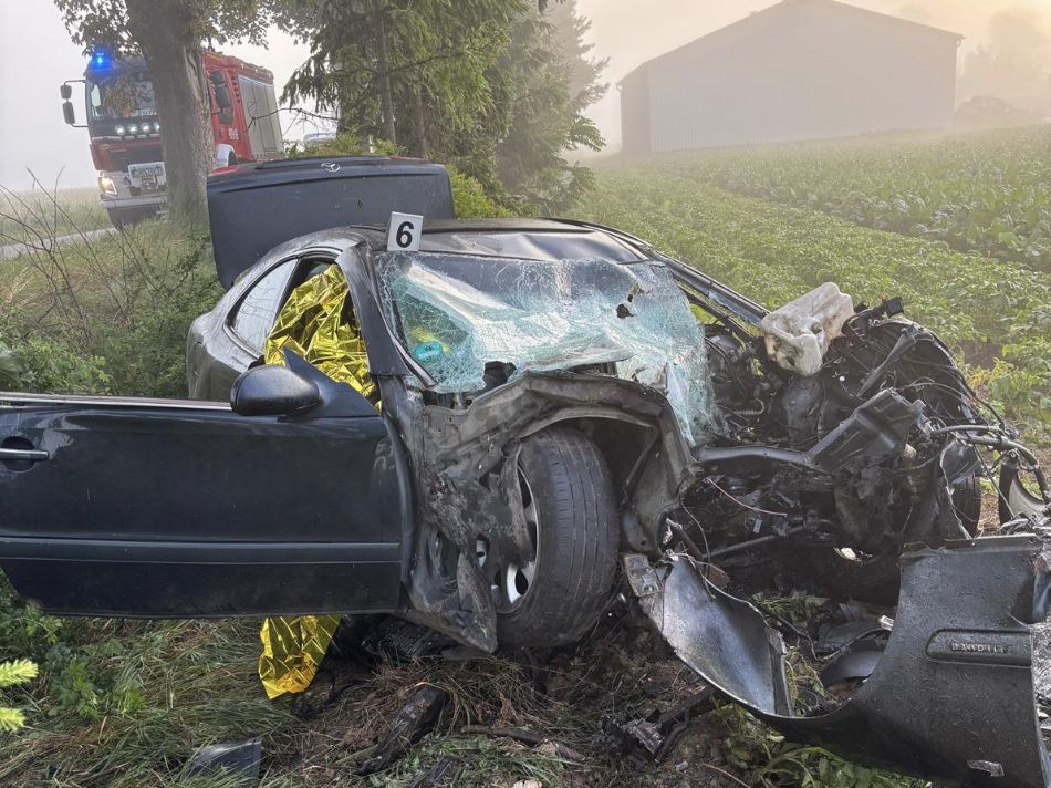 Mercedes zjechał z drogi i uderzył w przydrożne drzewo, w wypadk