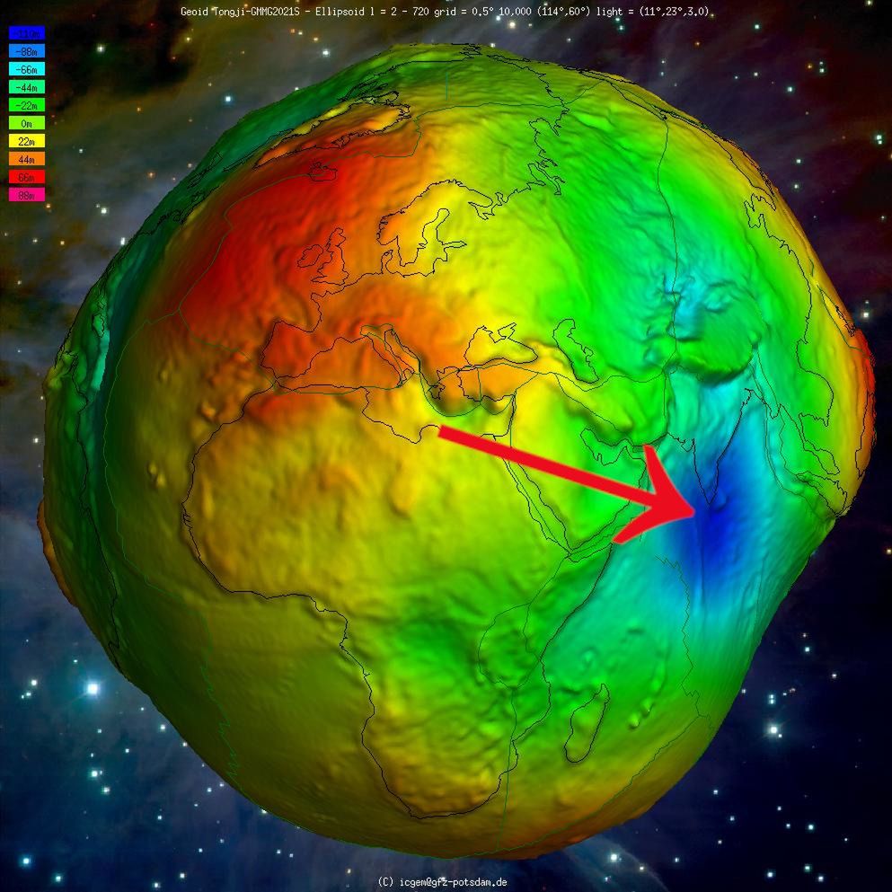 Oznaczona anomalia grawitacyjna na modelu geoidalnym Ziemi
