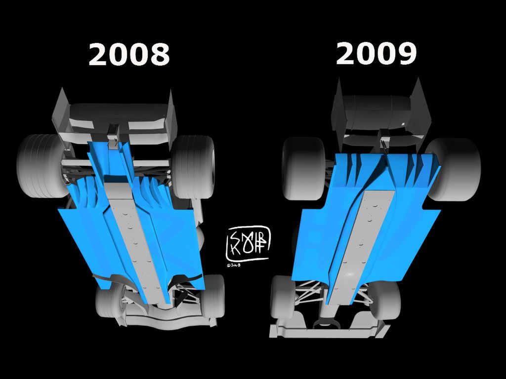 Różne ukształtowania podłóg i dyfuzorów w bolidach F1 z lat 2008 i 2009