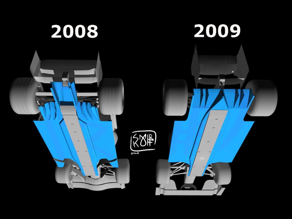 Różne ukształtowania podłóg i dyfuzorów w bolidach F1 z lat 2008 i 2009