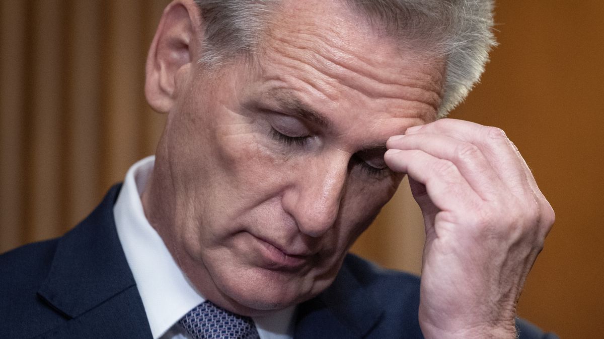 WASHINGTON - SEPTEMBER 30: House Speaker Kevin McCarthy (R-CA) touches his forehead while speaking to reporters during a news confrence on Capitol Hill on Saturday, September 30, 2023. The house passed a 45-day temporary Continuing Resolution to keep funding for the government shy of the Saturday midnight deadline. (Photo by Tom Brenner for The Washington Post via Getty Images)