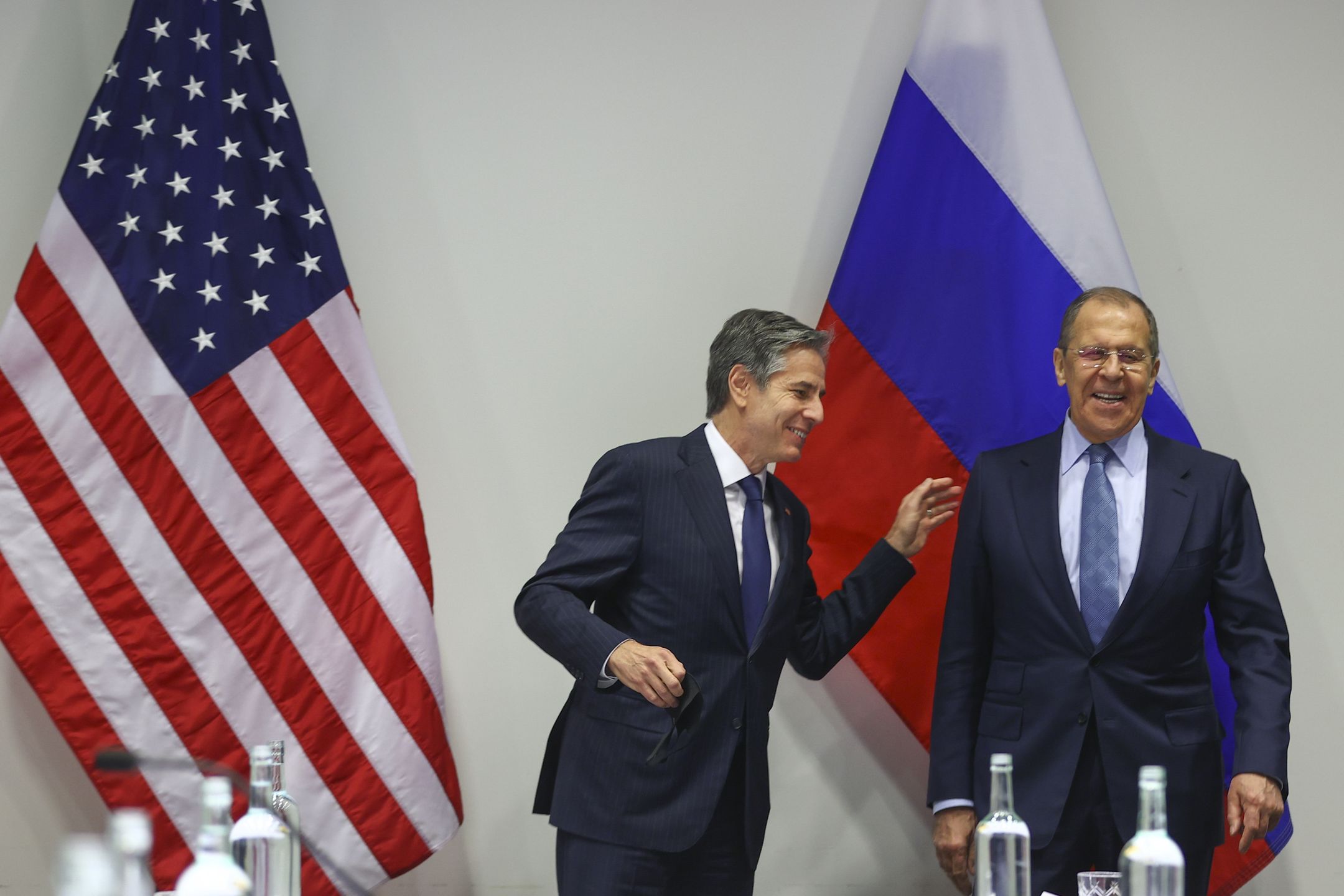 REYKJAVIK, ICELAND - MAY 20: (----EDITORIAL USE ONLY â MANDATORY CREDIT - " RUSSIAN FOREIGN MINISTRY / HANDOUT" - NO MARKETING NO ADVERTISING CAMPAIGNS - DISTRIBUTED AS A SERVICE TO CLIENTS----) US Secretary of State, Antony Blinken (L) meets Russian Foreign Minister Sergey Lavrov (R) within the Arctic Council meeting in Reykjavik, Iceland on May 20, 2021. (Photo by RUSSIAN FOREIGN MINISTRY/Anadolu Agency via Getty Images)