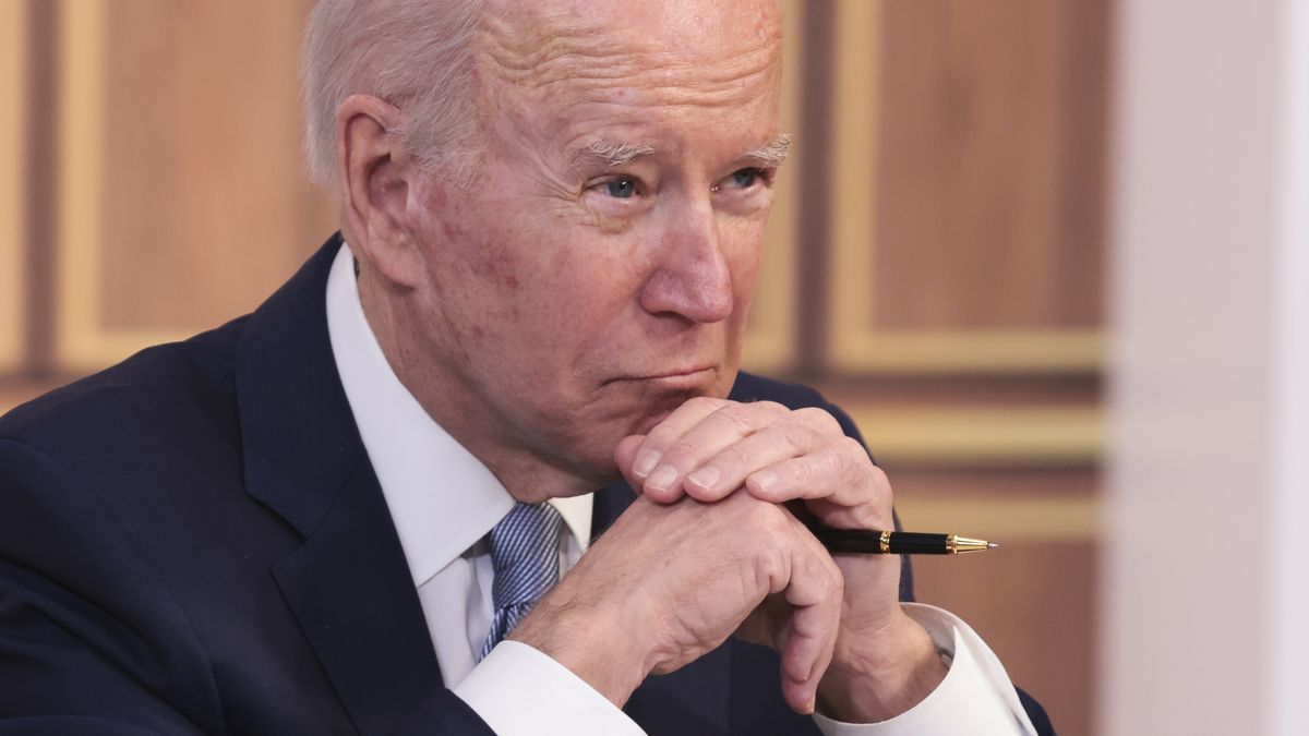 WASHINGTON, DC - APRIL 11: President Joe Biden, takes part in a virtual meeting with India's Prime Minister Narendra Modi in the South Court Auditorium of the Eisenhower Executive Office Building next to the White House in Washington DC on April 11, 2022. (Photo by Oliver Contreras/For The Washington Post via Getty Images)