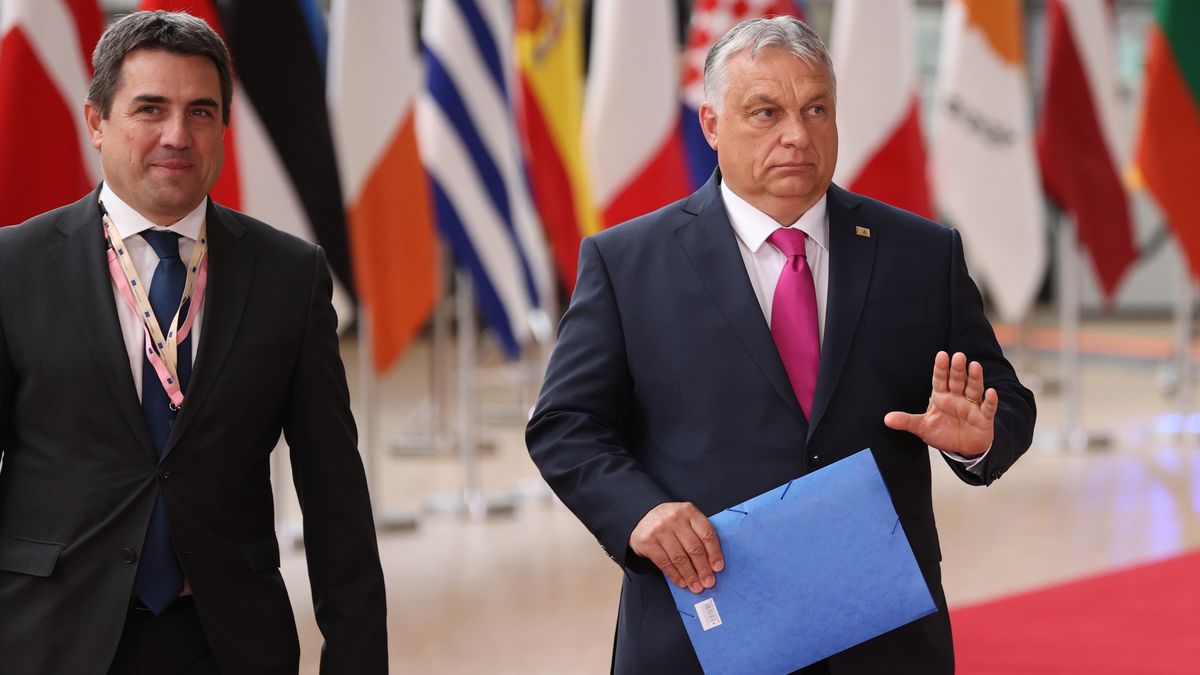 BRUSSELS, BELGIUM - MAY 30: Prime Minister of Hungary Victor Orban speaks to media as he arrives for the first day of a special meeting of the European Council at The European Council Building in Brussels on May 30, 2022. (Photo by Dursun Aydemir/Anadolu Agency via Getty Images)