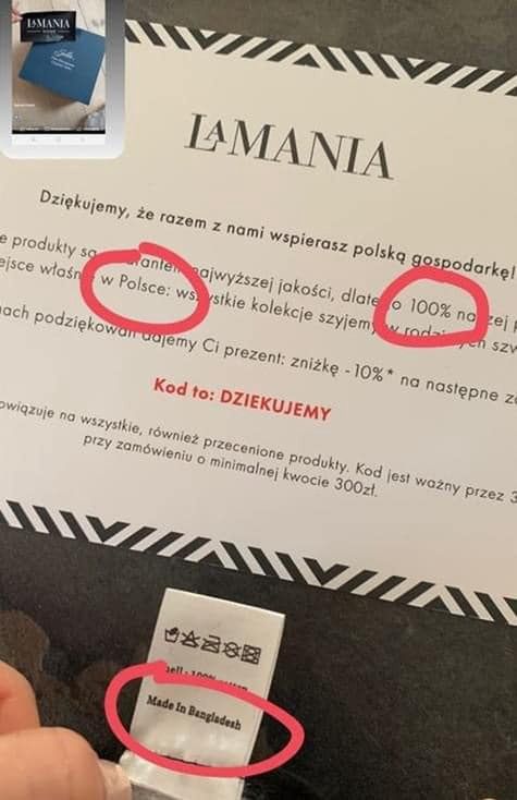 a Mania sprzedaje czapki z metką "Made In Bangladesh"