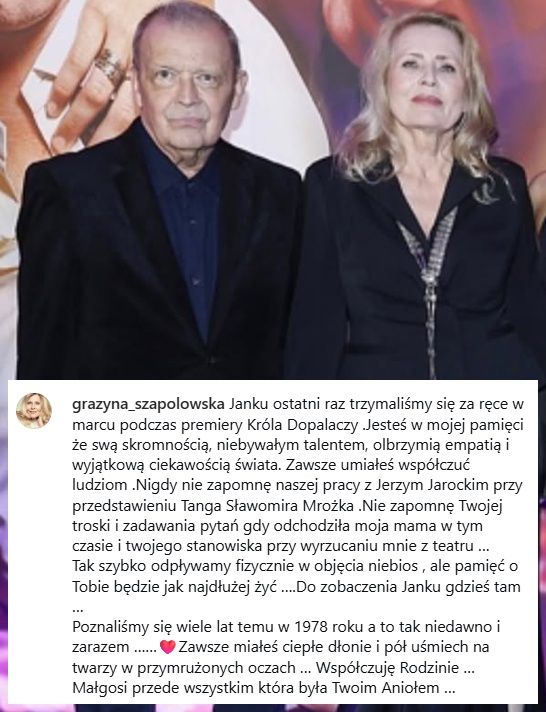 Wpis Grażyny Szapołowskiej z Instagrama