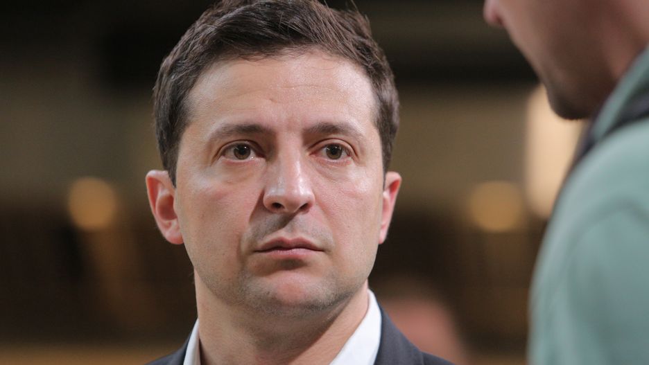 President Volodymyr Zelensky talks to journalists during the whole day long meeting in Kyiv, Ukraine, October 10, 2019. President of Ukraine Volodymyr Zelensky has a meeting with media called press marathon at Kyiv Food Market food cort.  (Photo by Sergii Kharchenko/NurPhoto via Getty Images)
