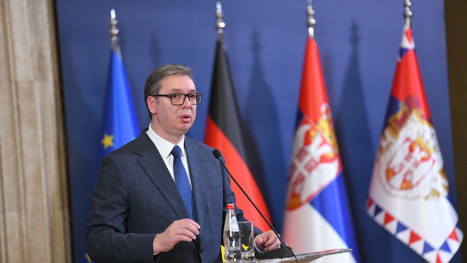 BELGRADE, SERBIA - FEBRUARY 07: Serbian President Aleksandar Vucic and German Defense Minister Boris Pistorius (not seen) hold a joint press conference following their meeting in Belgrade, Serbia on February 07, 2024. (Photo by Amir Hamzagic/Anadolu via Getty Images)