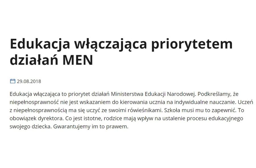 Informacja o edukacji włączającej i podejściu do niej MEiN