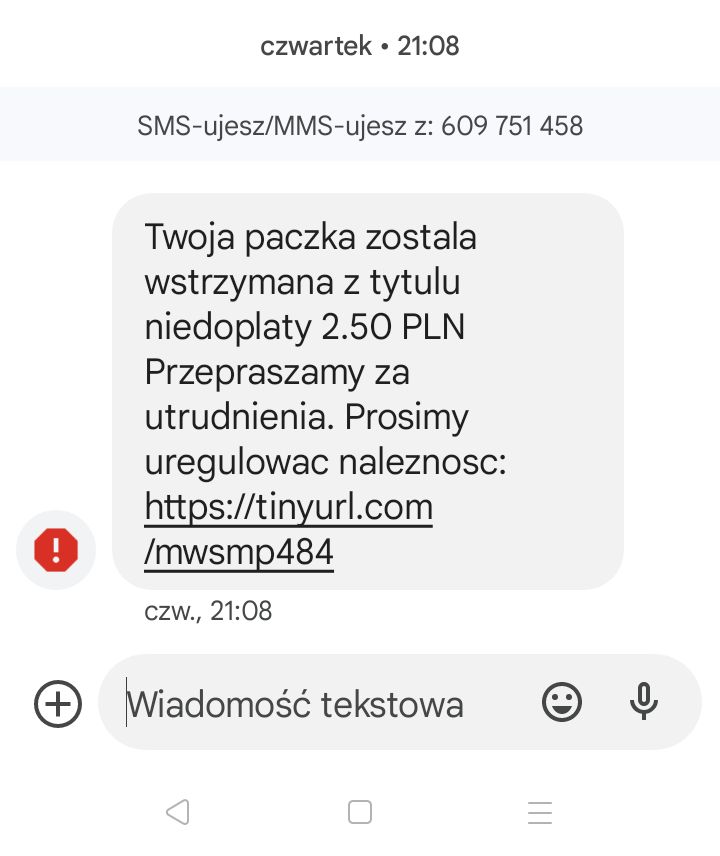 Fałszywa wiadomość SMS o paczce