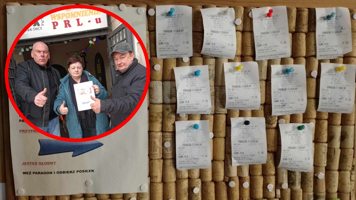 Klub "Wspomnienie PRL-u" z Zamościa bierze udział w akcji "zawieszony paragon". Na zdjęciu m.in. pani Barbara Farjon, szefowa Spółdzielni Socjalnej "Sami Swoi". Obok działacze z "Zamojskich Aniołów", Dariusz i Paweł