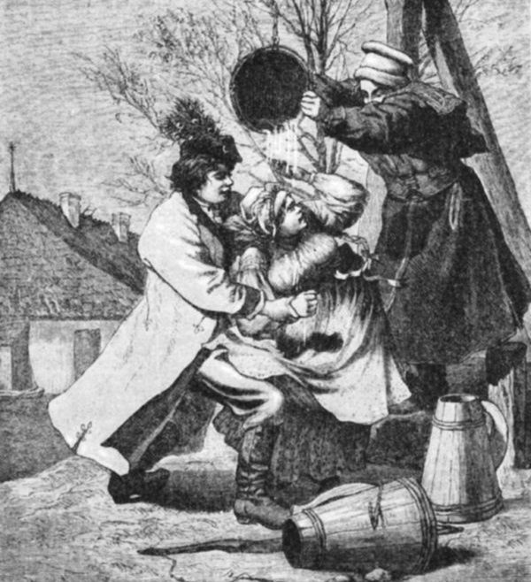 Ilustracja z Encyklopedii staropolskiej ilustrowanej Zygmunta Glogera przedstawiająca śmigus
