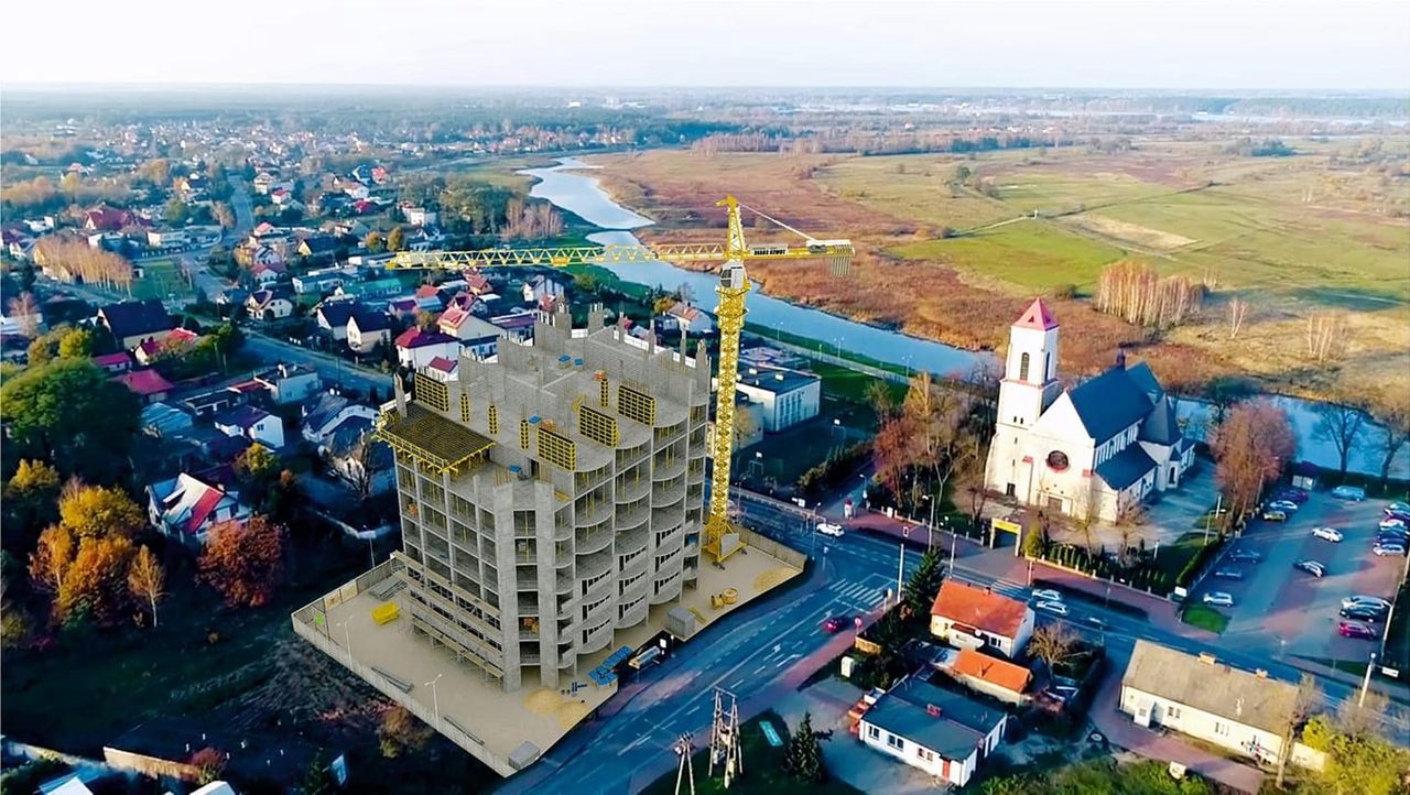 Wójt Wieliszewa poprosił kolegę o zrobienie wizualizacji tego, jak bardzo ośmiopiętrowy budynek wyróżniałby się na tle innych domów w gminie