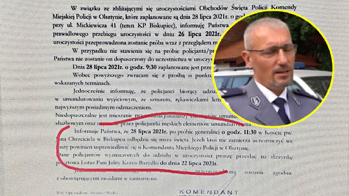 Komendant miejski policji z Olsztyna nakazuje udział w mszy 