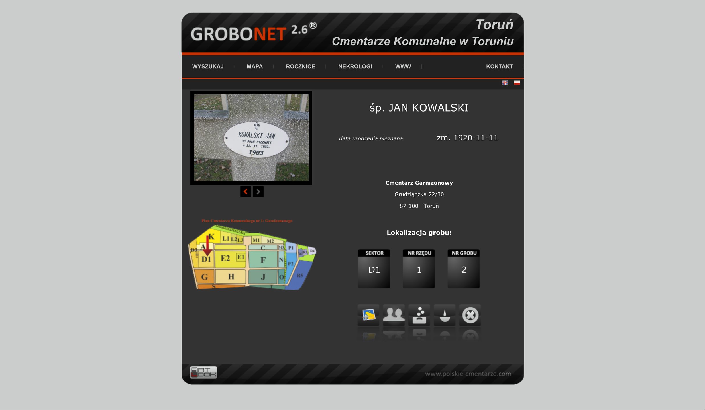 Grobonet, mapa wskazująca położenie grobu